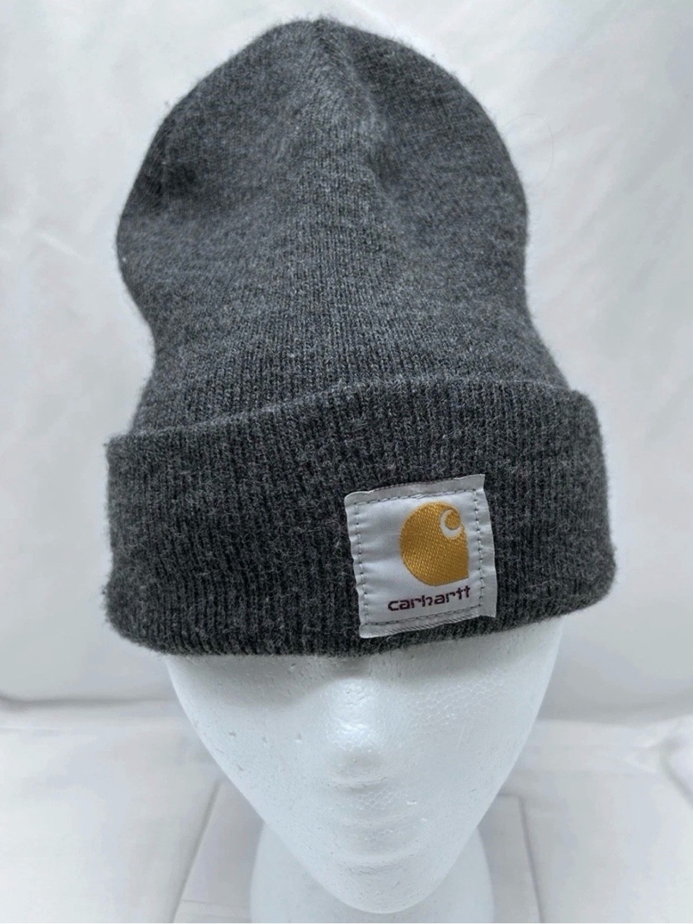 Carhartt Beanie Mens One Size Gray Hat Knit Cuffed Logo Acrylic